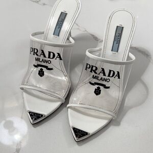 Prada White Clear Logo Slide Mules